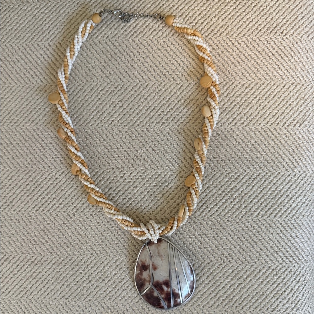Beige and Cream Twisted Bead Necklace with Shell Pendant